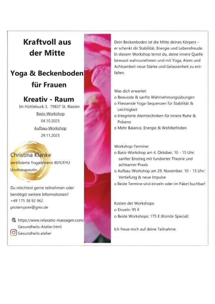 Yoga & Beckenboden – Workshops im Gesundheitsatelier (Flyer)